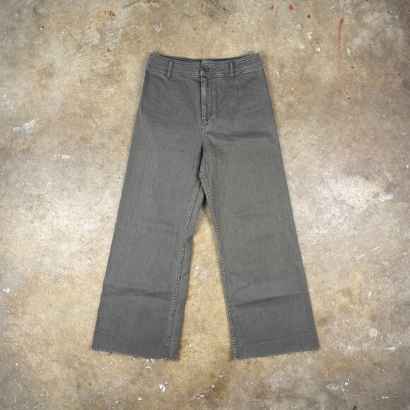 Women’s Wide Leg High Rise Pants Size Large Cropped Green Raw Hem - Picture 1 of 13